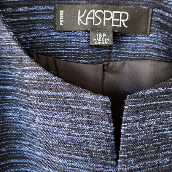 KASPER Blue Black Space Dye Stripe Collarless Jacket Blazer Size 16 P Open Front - Picture 5 of 8